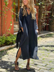 Ishael - Vestido de Linho com decote em V, solto e longo