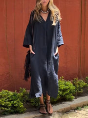 Ishael - Vestido de Linho com decote em V, solto e longo