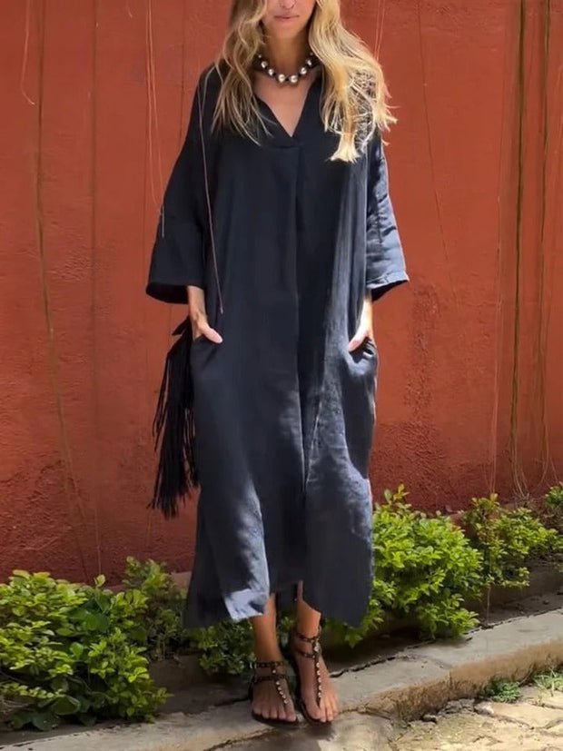 Ishael - Vestido de Linho com decote em V, solto e longo