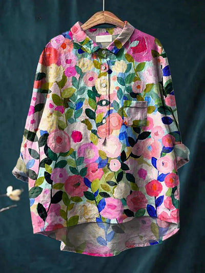 Odelia - Camisa de Algodão Linho com Estampa Floral colorida