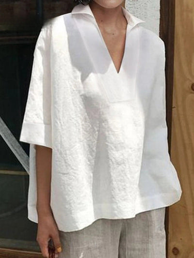 Verena - Camisa Solida com Decote em V e Manga Médio Larga