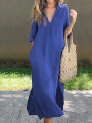Ishael - Vestido de Linho com decote em V, solto e longo