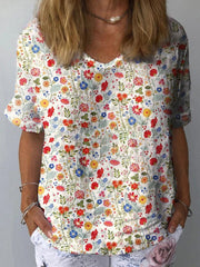 Uvella - Camisa Pastoral Floral de Algodão e Linho