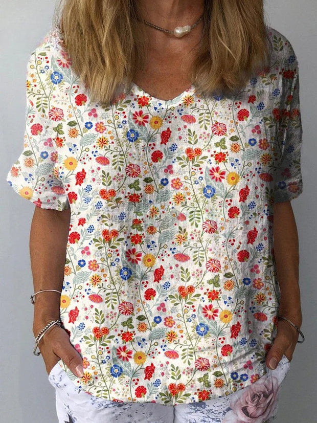 Uvella - Camisa Pastoral Floral de Algodão e Linho