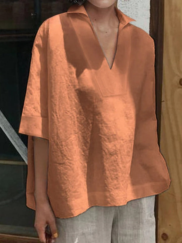 Verena - Camisa Solida com Decote em V e Manga Médio Larga