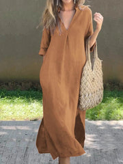 Ishael - Vestido de Linho com decote em V, solto e longo