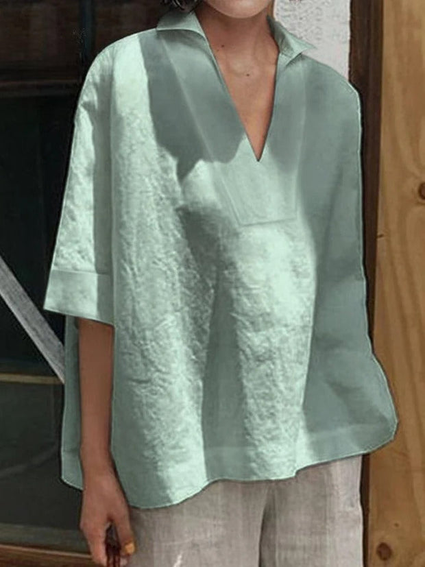 Verena - Camisa Solida com Decote em V e Manga Médio Larga