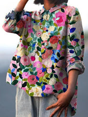 Odelia - Camisa de Algodão Linho com Estampa Floral colorida