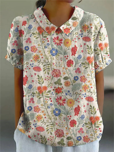 Uvella - Camisa Pastoral Floral de Algodão e Linho