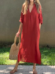 Ishael - Vestido de Linho com decote em V, solto e longo