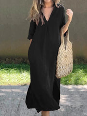 Ishael - Vestido de Linho com decote em V, solto e longo