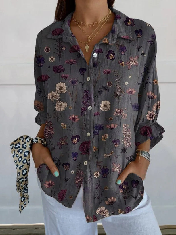 Nerys - Saia de Linho com Bolso e Estampa de Flores Elegante