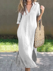 Ishael - Vestido de Linho com decote em V, solto e longo