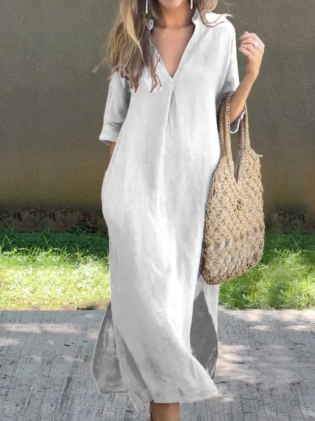 Ishael - Vestido de Linho com decote em V, solto e longo