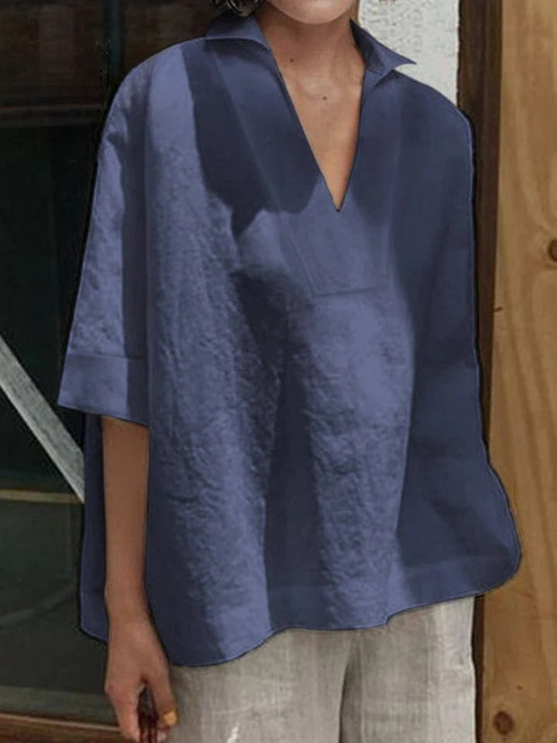 Verena - Camisa Solida com Decote em V e Manga Médio Larga