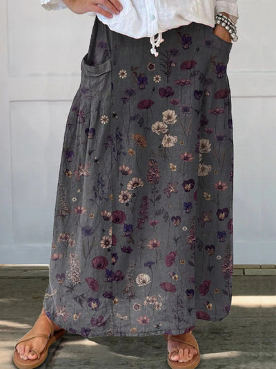 Nerys - Saia de Linho com Bolso e Estampa de Flores Elegante