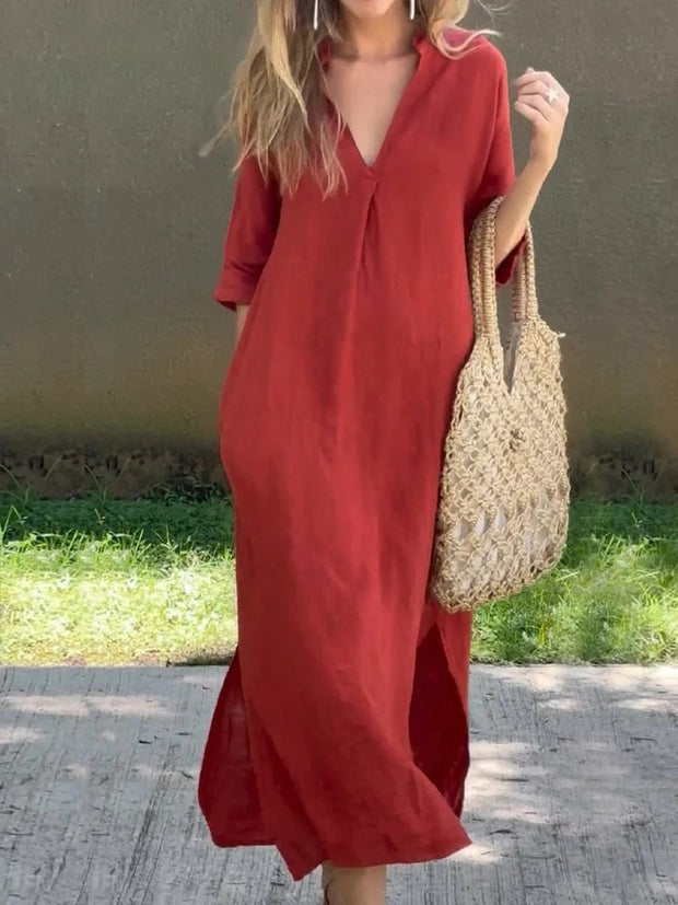 Ishael - Vestido de Linho com decote em V, solto e longo